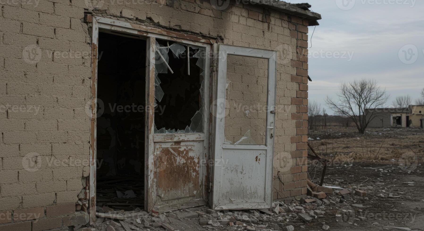 Weathered facade of building with broken windows, evoking forgotten industrial zone photo