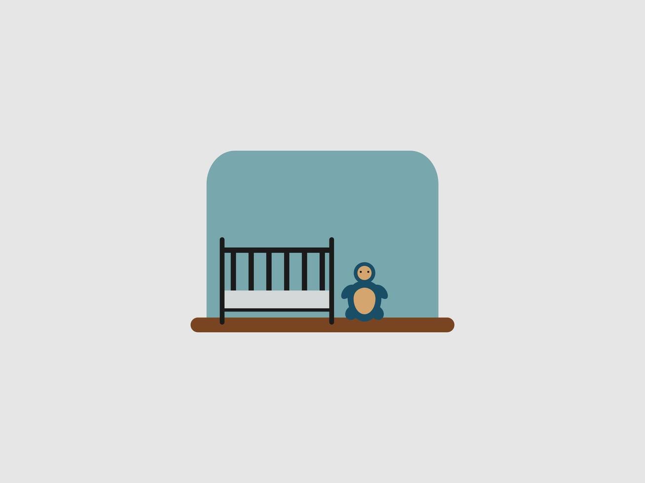 a minimalist illustration of a baby's crib and a stuffed penguin toy in a room vector