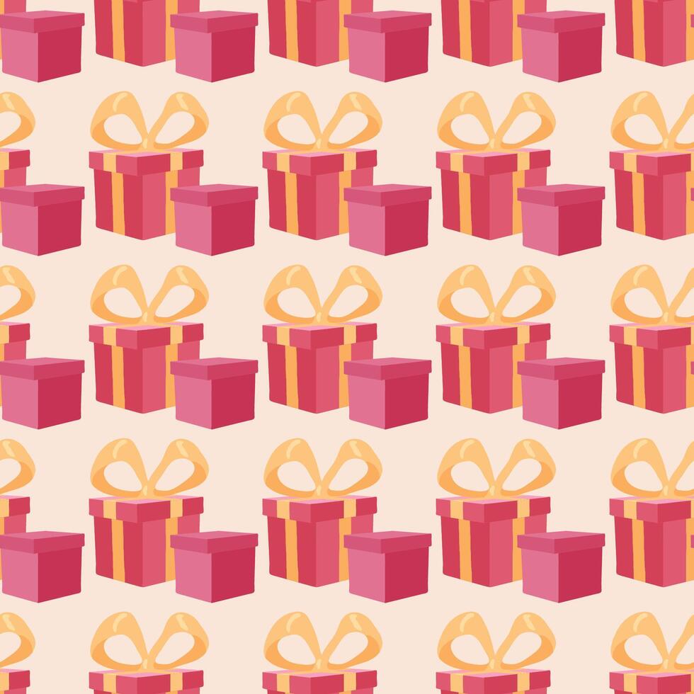 Seamless pattern with cute festive pink boxes and yellow bows on beige background vector