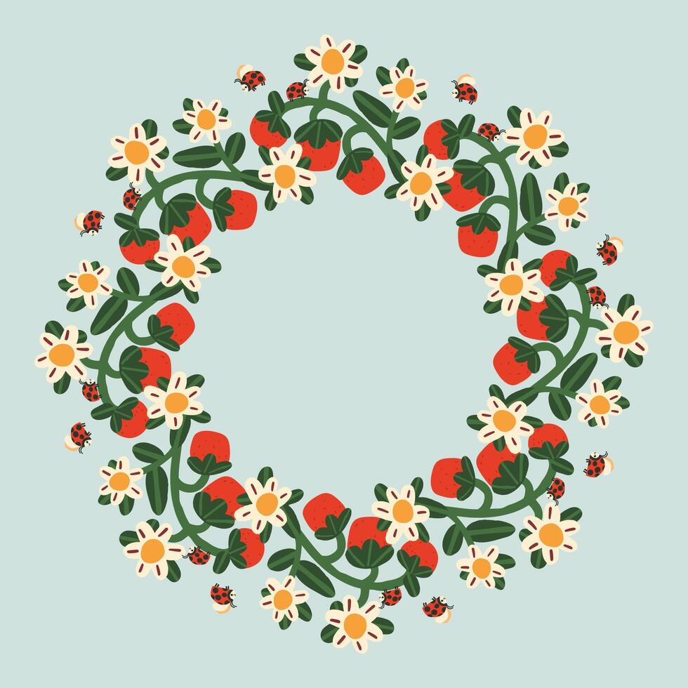 Cute wreath of blooming strawberries flowers. illustration vector