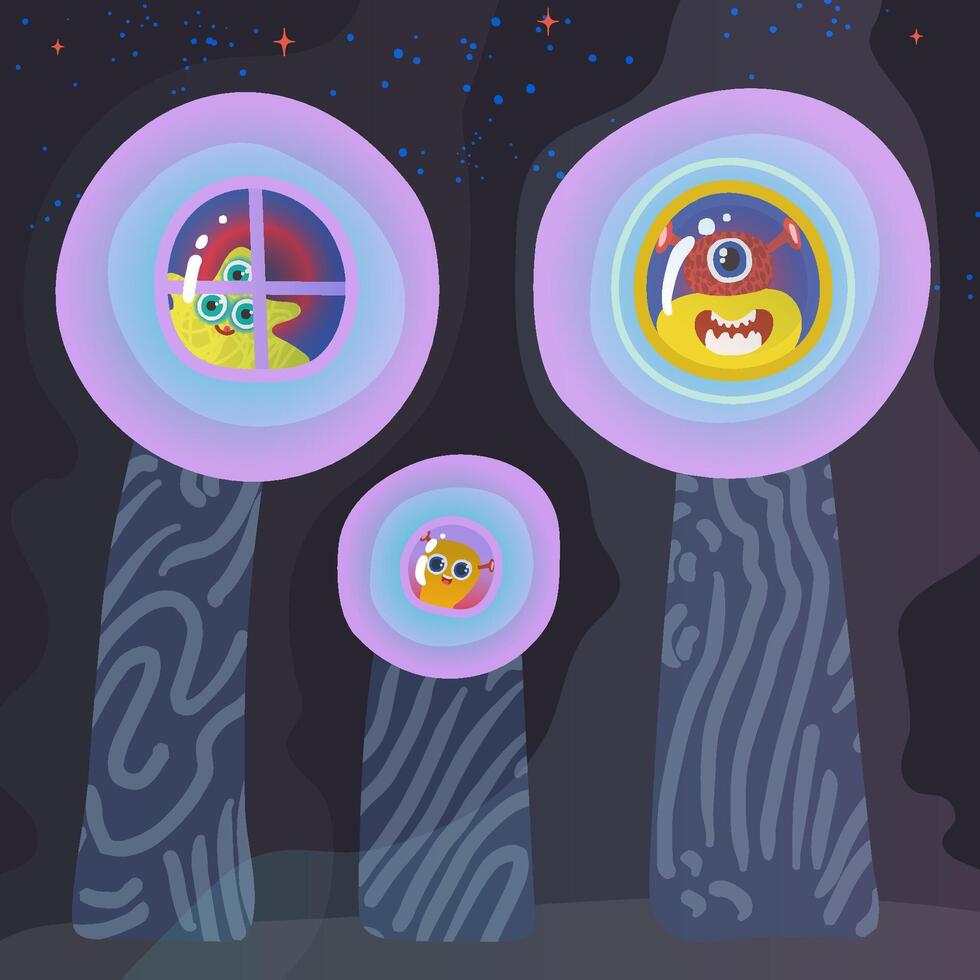 illustration of a aliens and colorful aliens houses on a another planet. Trip across the galaxy vector