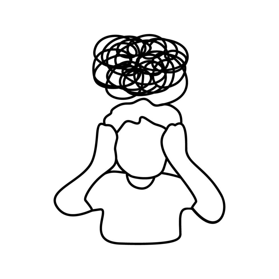drawing of a confused man worried about mental health. Problems, failure, stress, sadness, heartbreak and depression concept in doodle style vector