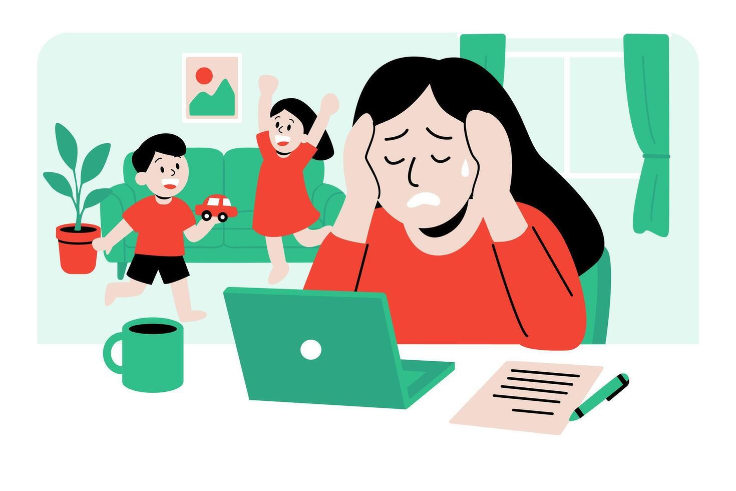 Stressed Mother Working from Home While Children Play Loudly in Background vector