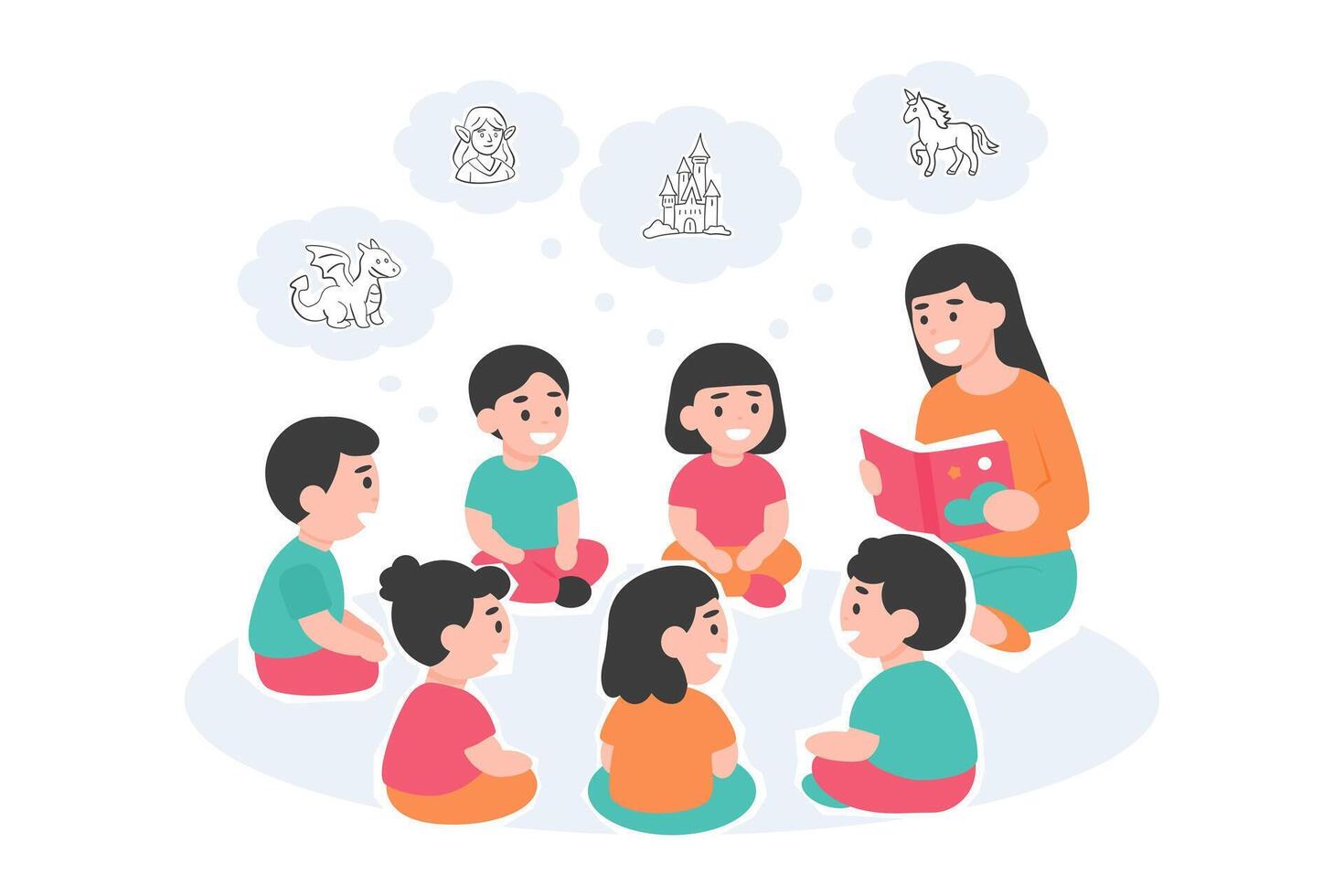 Woman Teacher Reading Fantasy Book Aloud to Children Sitting Together in a Circle vector