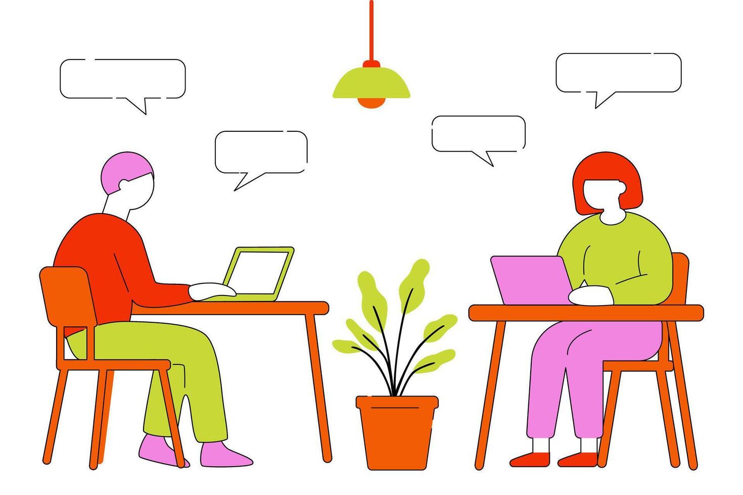 two people sitting at a table with laptops and speech bubbles vector