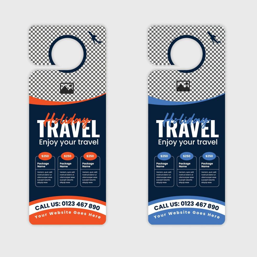 Travel and Tourism Agency Door Hanger Design Template for Promoting Holiday Packages, Vacation Deals, Tour Packages, and Special Offers. Perfect for Travel Agencies and Tour Operators vector