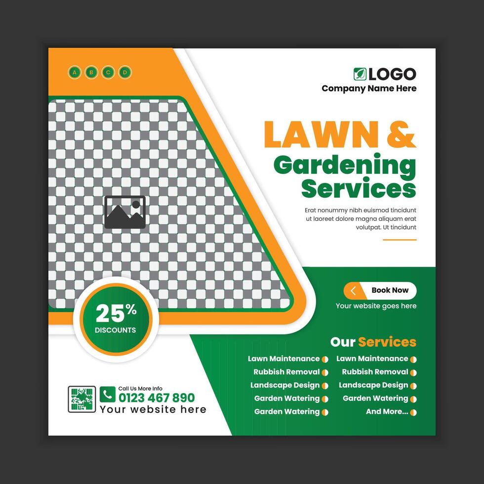 Lawn care and garden maintenance services, social media post design, or web banner template. Tree and gardening service poster, leaflet, and handbill design. Lawn Mower Square Flyer design template vector