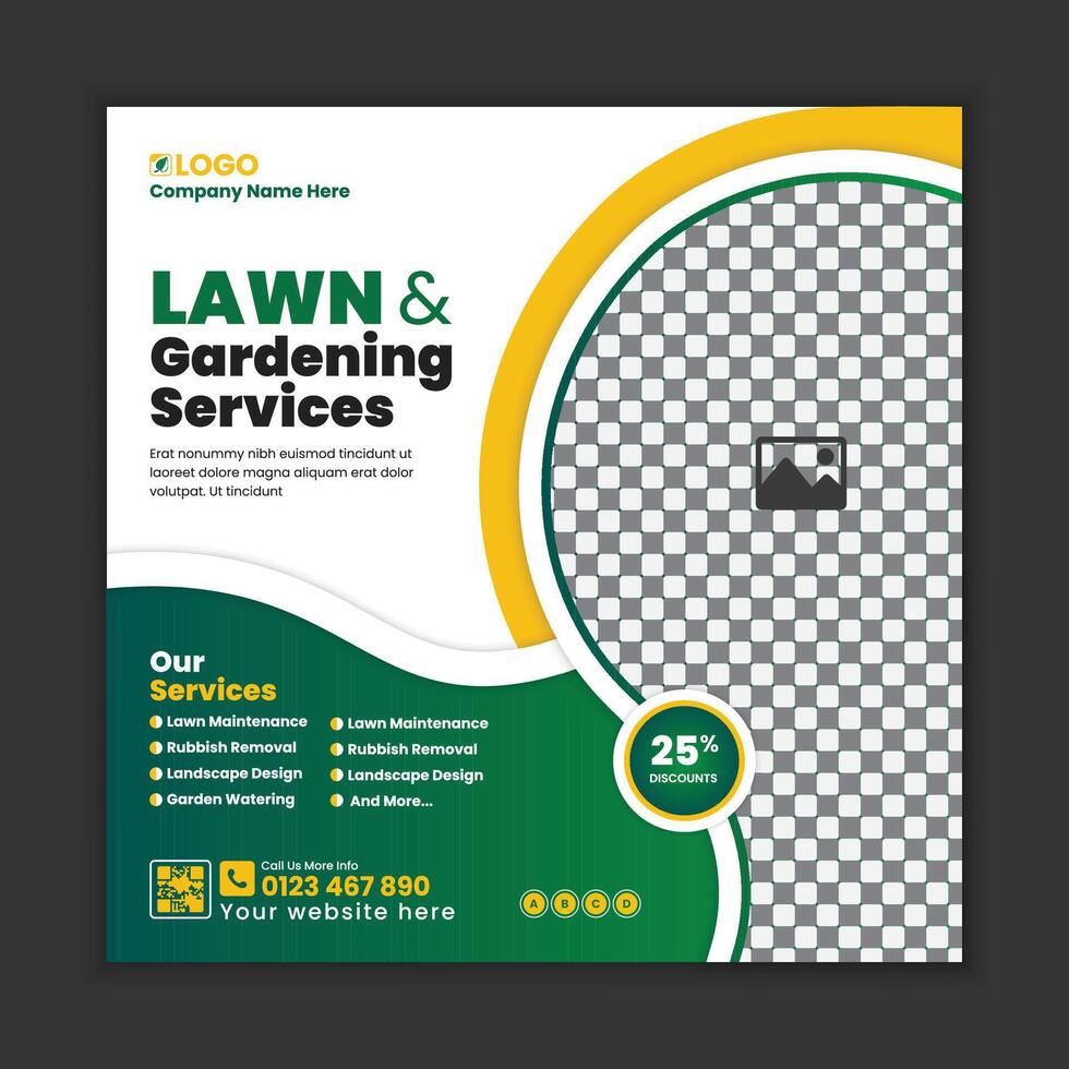 Lawn care and gardening services, social media post design, or web banner template. Tree and gardening service poster, leaflet, and handbill design. Lawn Mower Square banner design template vector