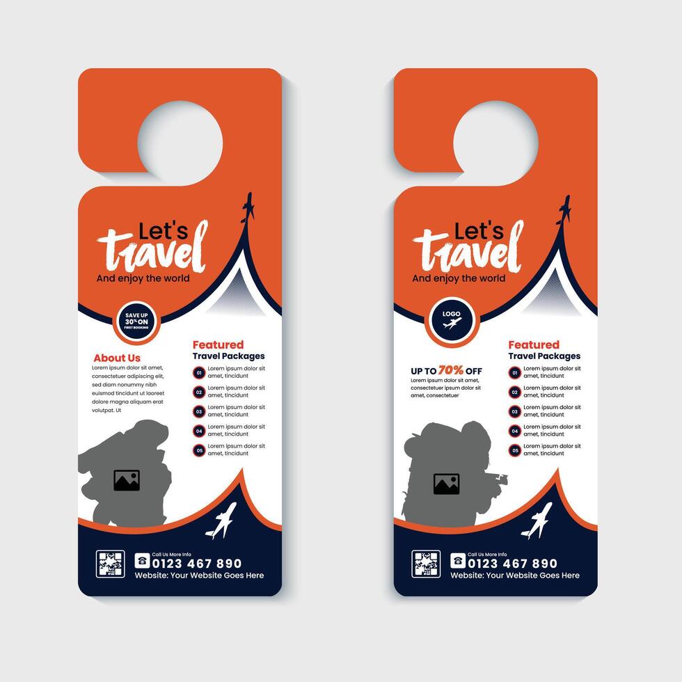 Door Hanger Design Template for Holidays, Tourism, Travel, and Adventure Packages. Perfect for Vacation Deals, Travel Agencies, and Tour Operators to Advertise Special Discounts vector