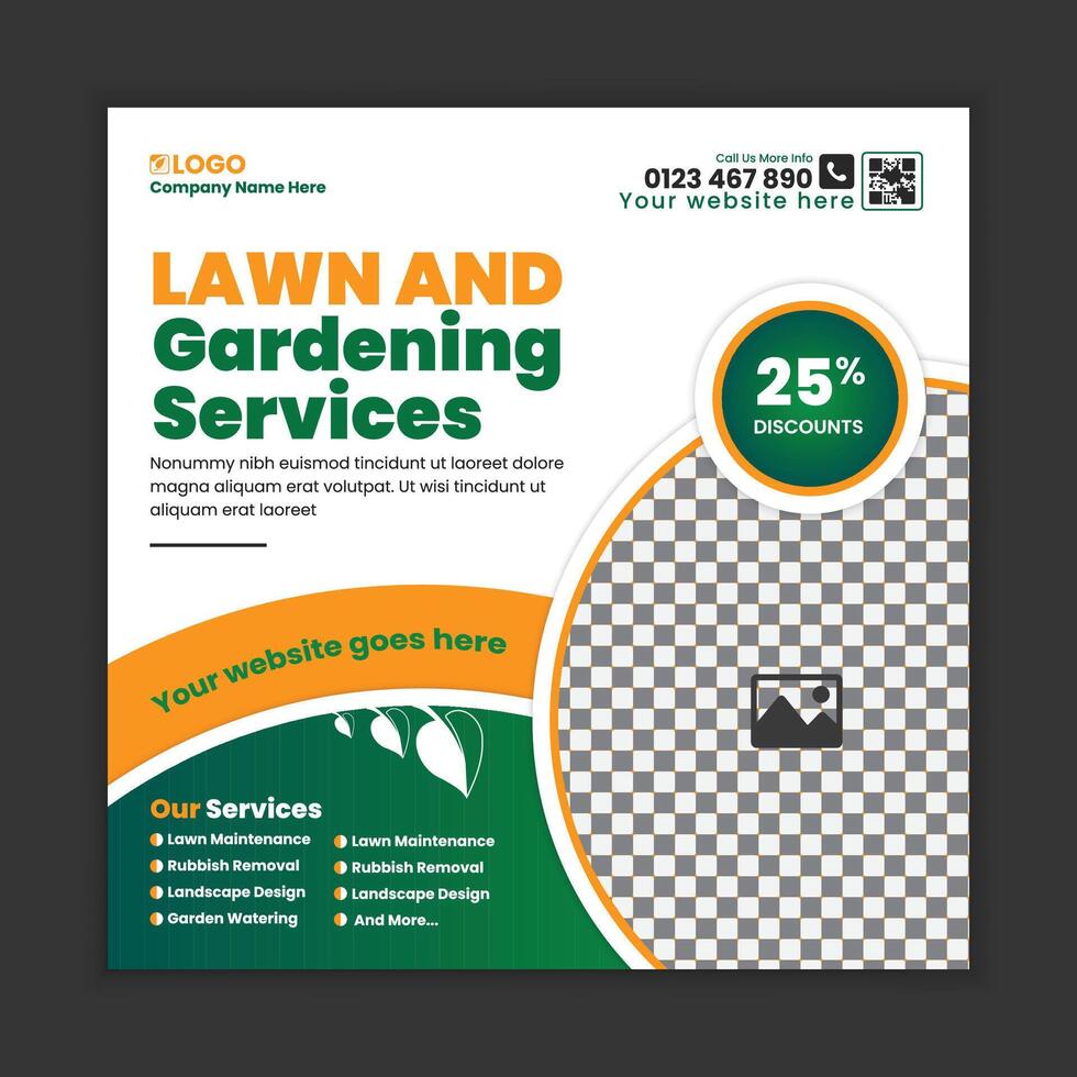 Lawn care and gardening services, social media post design, or web banner template. Tree and gardening service poster, leaflet, and handbill design. Mower Square Flyer design template vector