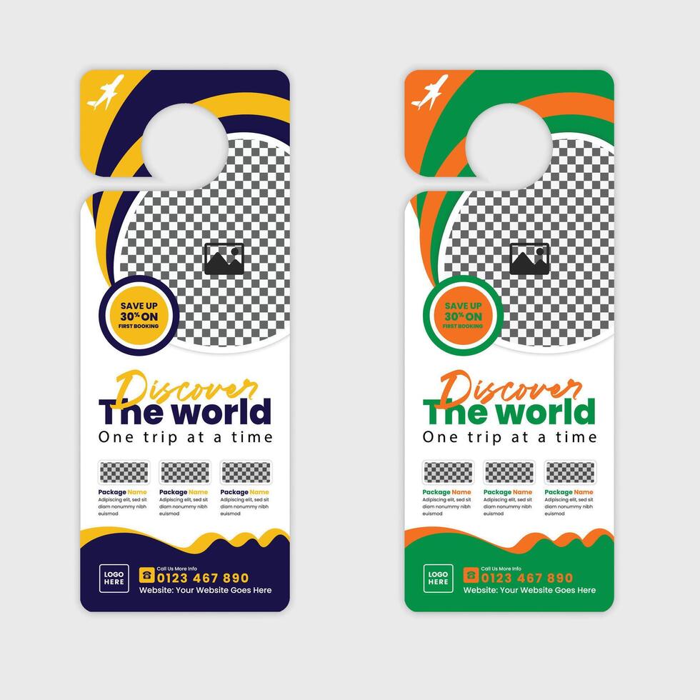 Creative Door Hanger Design Template for Holidays, Tourism, Travel, and Adventure Packages. Perfect for Vacation Deals, Travel Agencies, and Tour Operators to Advertise Special Offers and Discounts vector