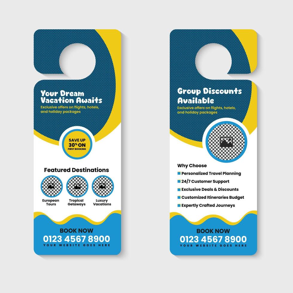 Door Hanger Design Template for Holidays, Tourism, Travel, and Adventure Packages. Perfect for Vacation Deals, Travel Agencies, and Tour Operators to Advertise Special Offers vector
