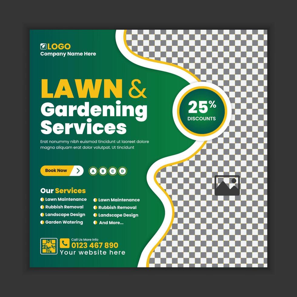 Lawn care services social media post design, or web banner template. Tree and gardening service poster, leaflet, and handbill design. Lawn Mower Square Flyer design template vector