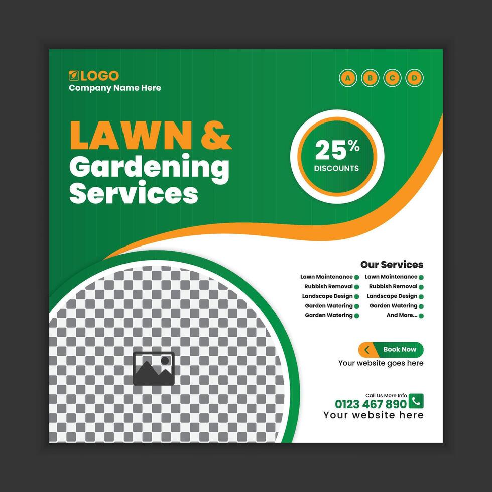 Lawn care and gardening services, social media post design, or web banner template. Tree and gardening service poster, leaflet, and handbill design. Lawn Mower Square Flyer template vector