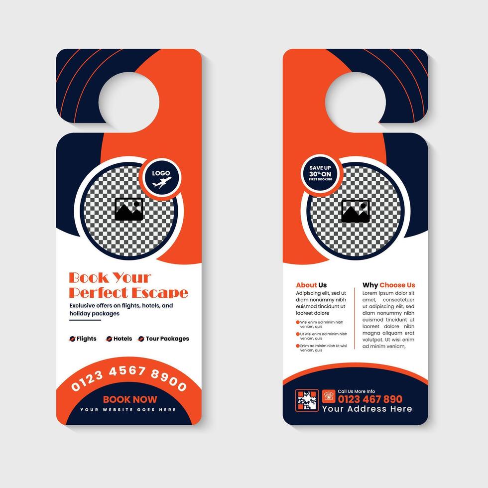 Holidays, tourism, travel agency door hanger design template vector