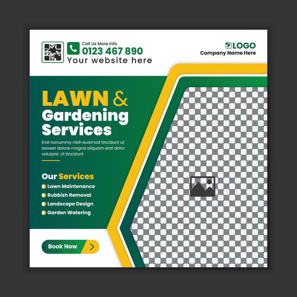 Lawn care and gardening service, social media post design, or web banner template. Tree and gardening service poster, leaflet, and handbill design. Lawn Mower Square Flyer design template vector