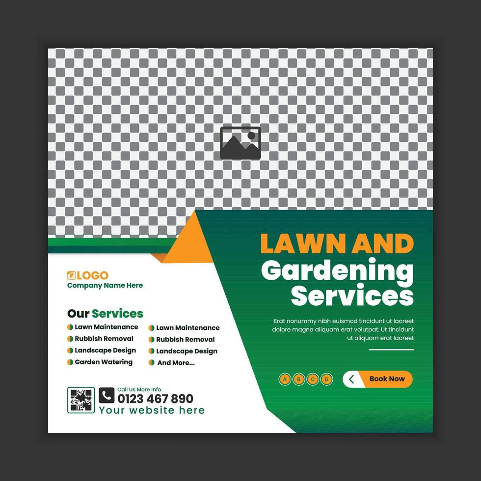 Lawn care and gardening services, social media post design, or website banner template. Tree and gardening service poster, leaflet, and handbill design. Lawn Mower Square Flyer design template vector