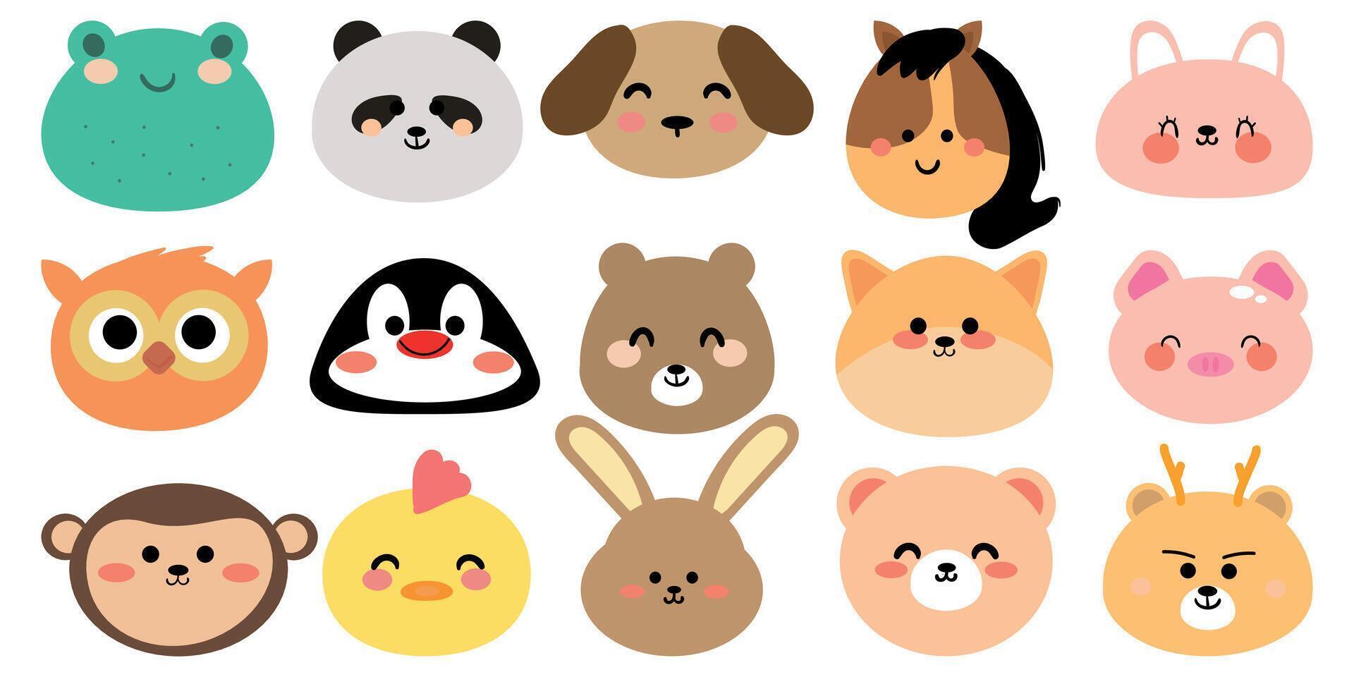 Set of cute smile face animals sit on white background, Zoo. Dog, rabbit, frog, penguin, bear, etc, hand drawn.Animal character cartoon.Kawaii vector
