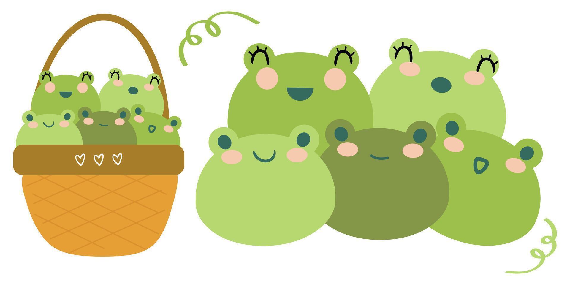 Set of cute smile face animals sit on white background, frog in the basket, hand drawn.Animal character cartoon.Kawaii vector