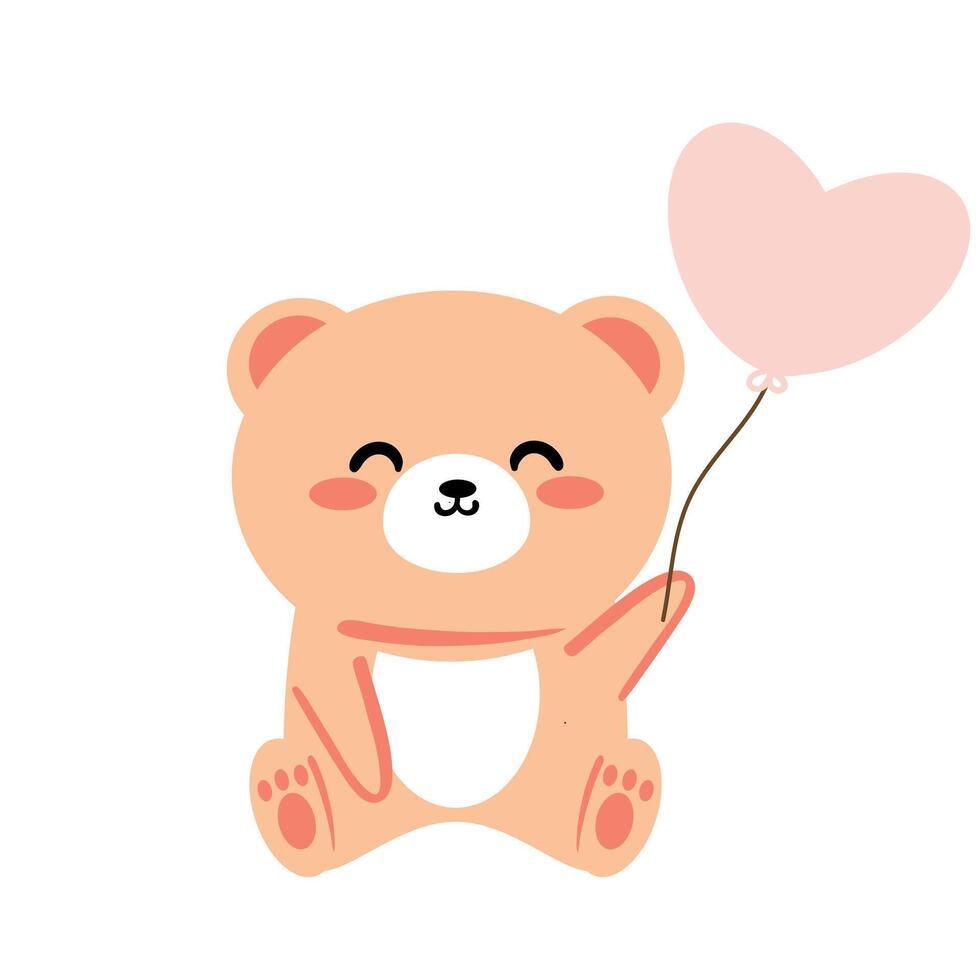 Cute hand drawing cartoon with animal bear and balloon pink, for cards, sticker, label, tag. vector