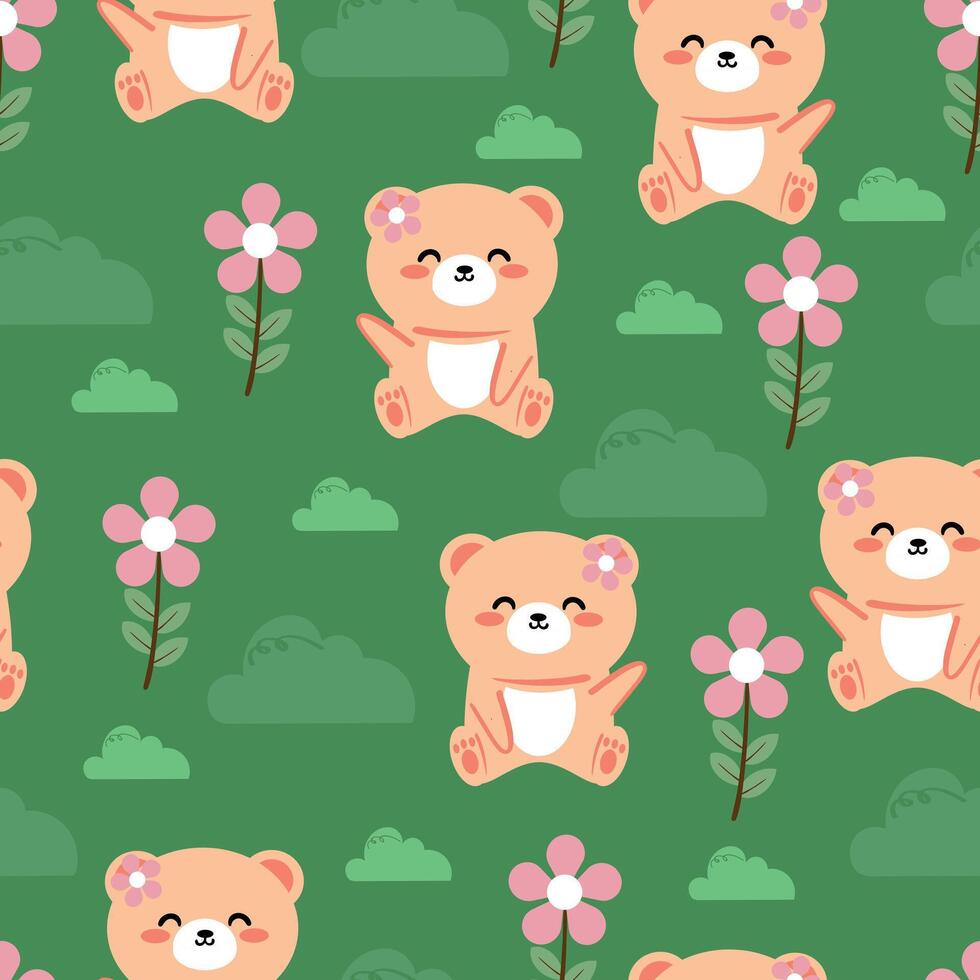 Seamless pattern with cute cartoon bear and element garden, for fabric prints, textiles, gift wrapping paper. children's flat and colorful style vector