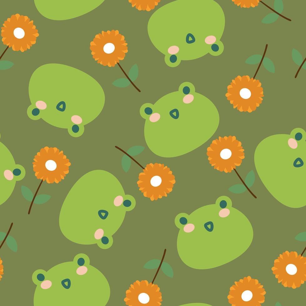 Seamless pattern with cute cartoon frogs and sunflowers, for fabric prints, textiles, gift wrapping paper. children's flat and colorful style vector