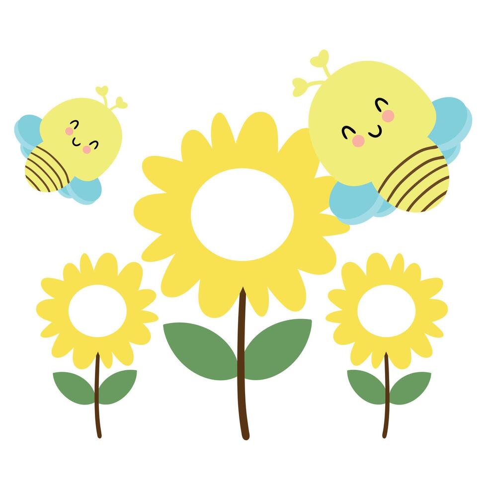 Cute hand drawing cartoon with animal bee and yellow flowers, for cards, sticker, label, tag. vector