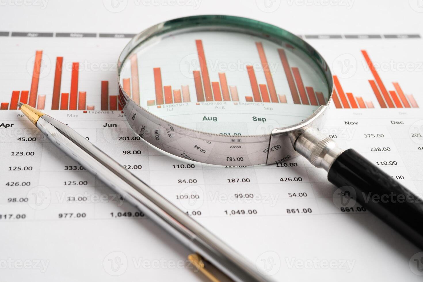 Magnifying glass on charts paper photo