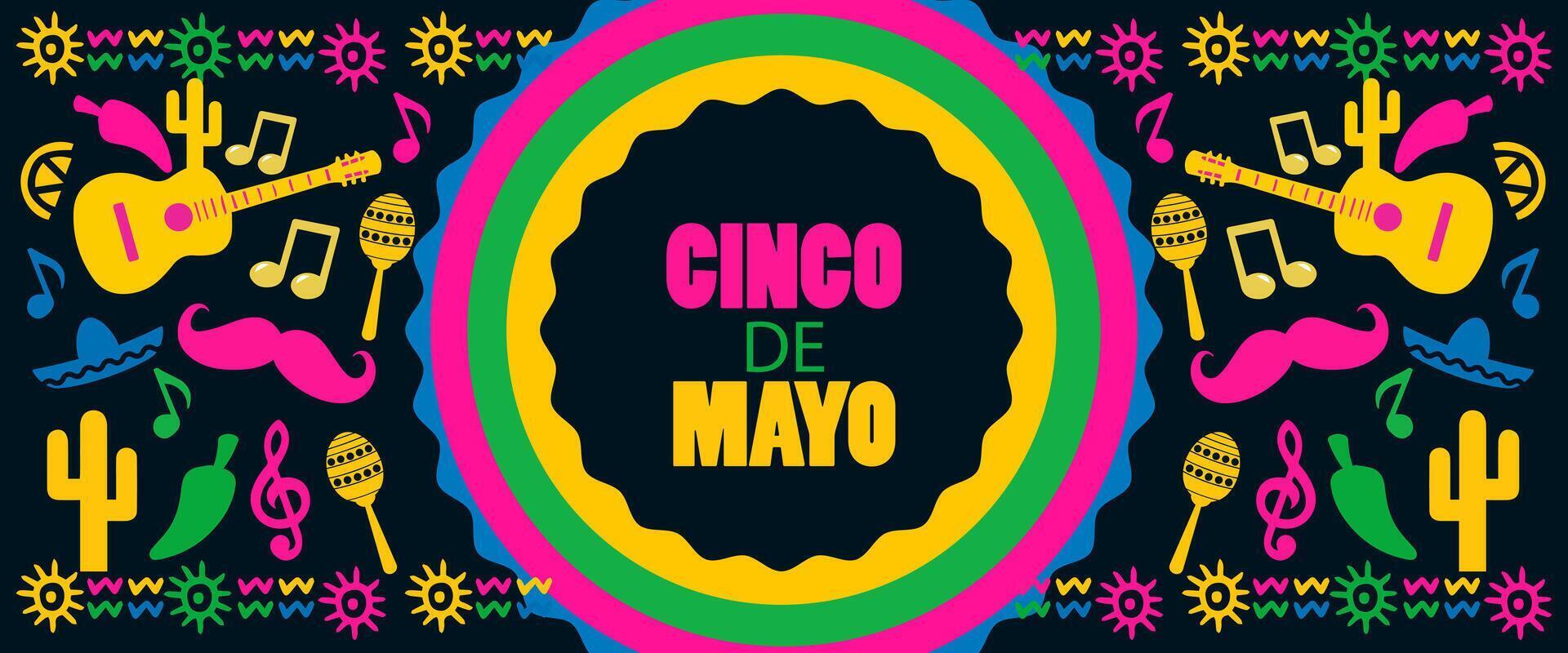 mexican music, guitar, cactus, and other instruments for cinco de mayo background vector