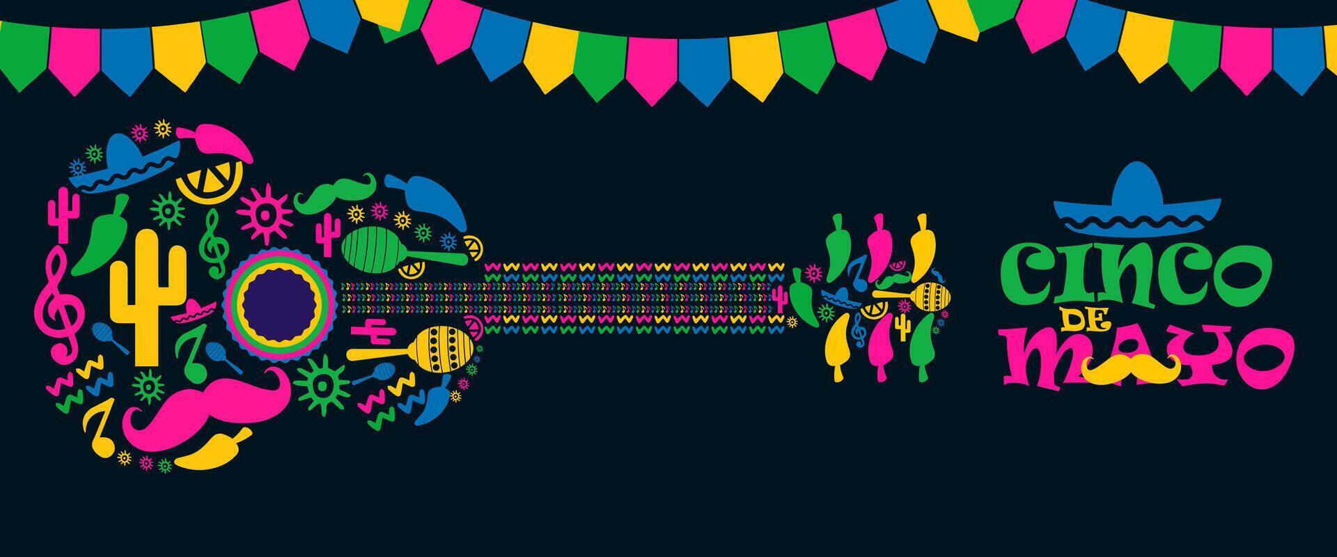 mexican guitar and mexican flag on black background vector