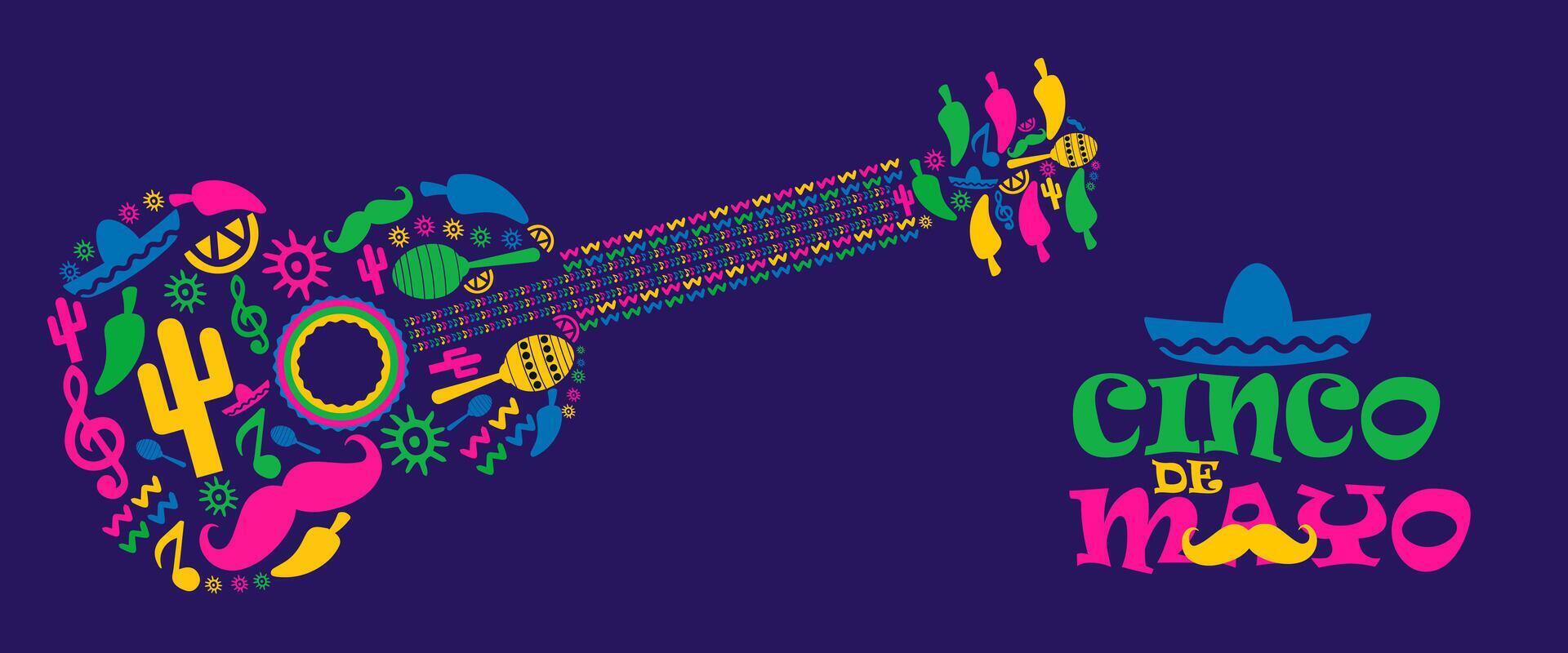 cinco de mayo mexican guitar with colorful symbols on a purple background vector