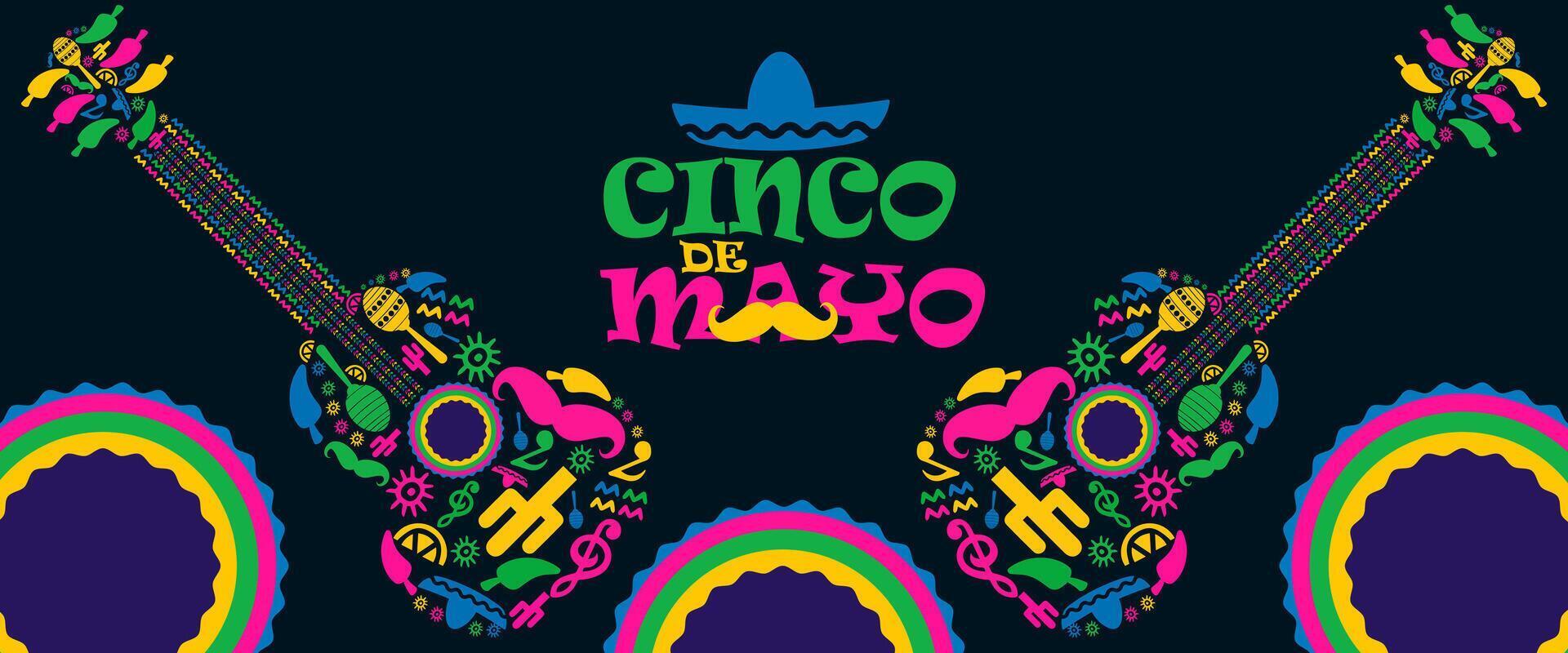 mexican guitar and mexican flag on a black background for cinco de mayo vector