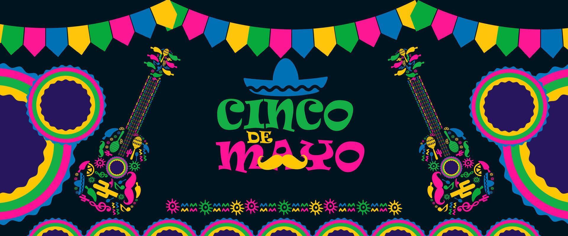 cinco de mayo background with guitar and flags vector