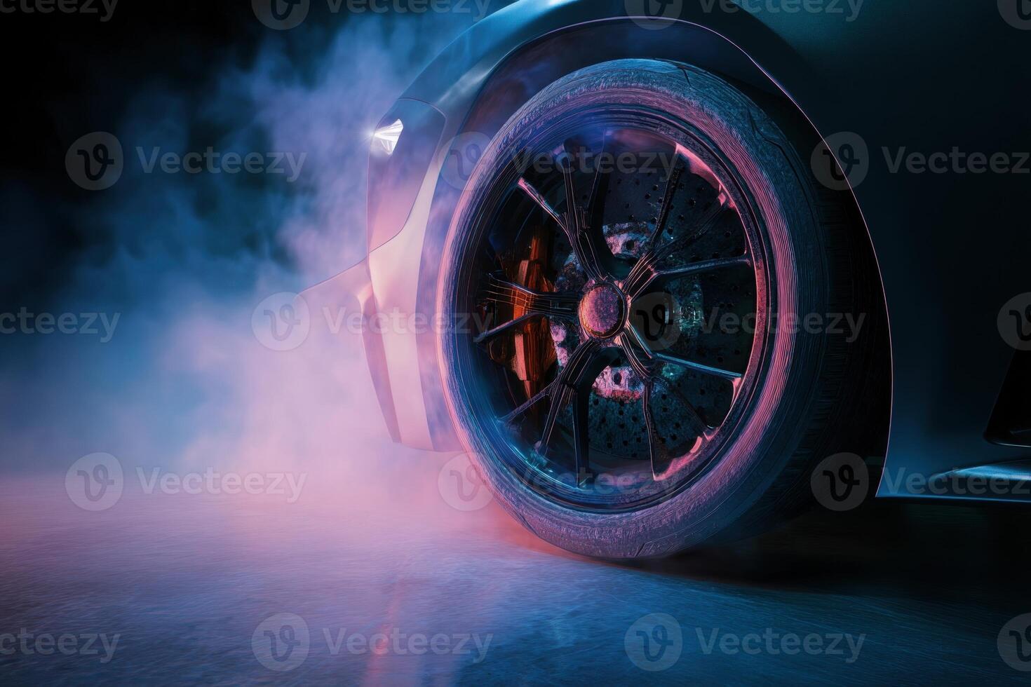 Close-up of a car wheel with alloy rim, illuminated by vibrant blue and pink lights. Smoke surrounds the tire on a reflective floor, creating a dynamic and futuristic atmosphere photo