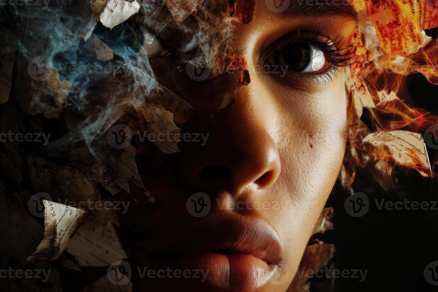 A close-up of a person's face partially obscured by burnt paper and smoke. The image has a warm, dramatic lighting with a focus on the eye and texture of the singed paper photo
