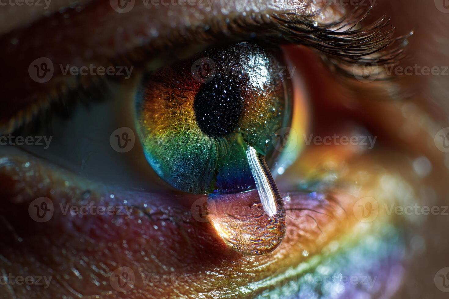 Close-up of a human eye with a vivid rainbow-colored iris and a tear falling down. The eyelashes and texture around the eye are detailed and prominent in the image photo