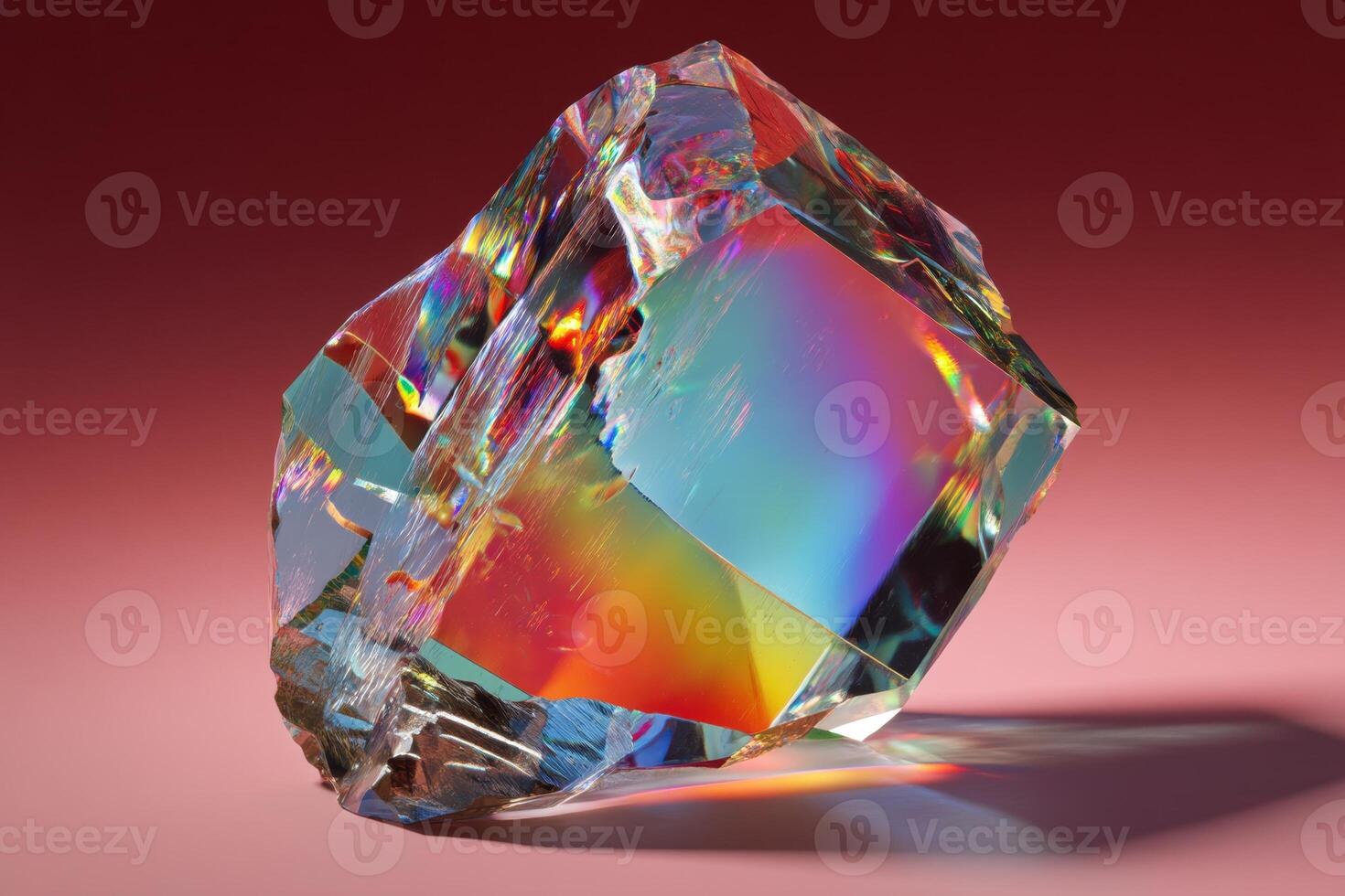 A vibrant, multi-faceted crystal displaying a spectrum of colors including red, orange, yellow, green, blue, and violet, reflects light in a dazzling manner with sharp edges and smooth surfaces photo