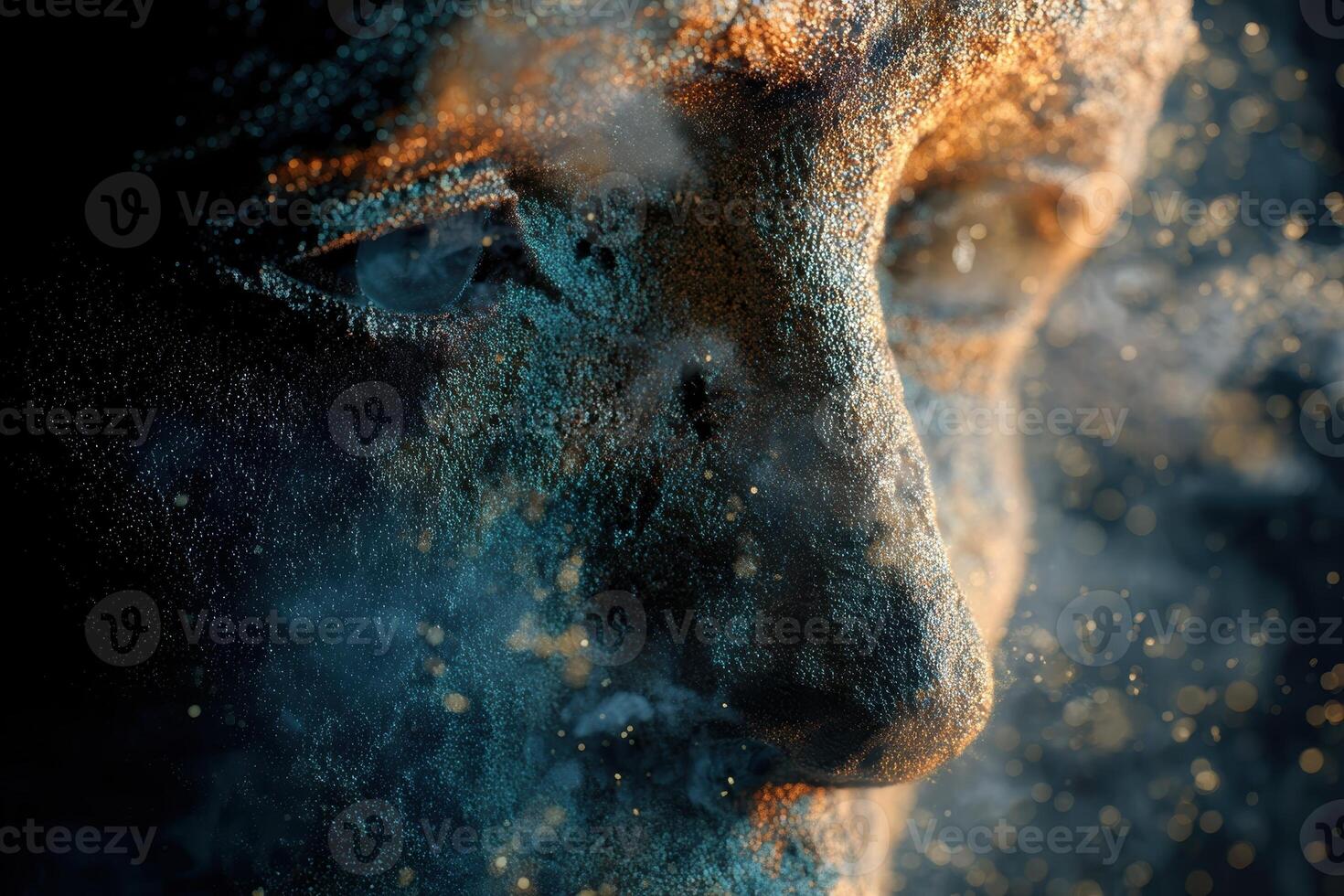 Close-up of a textured, abstract face, covered in a powdery substance with shades of blue and gold, creating an ethereal and mysterious atmosphere with soft, diffused lighting effects photo