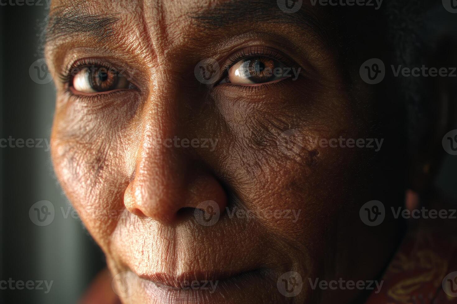 Elderly person with deeply wrinkled face and expressive eyes looking directly at the camera, capturing details and texture of skin, creating an intimate and thoughtful mood through gaze photo