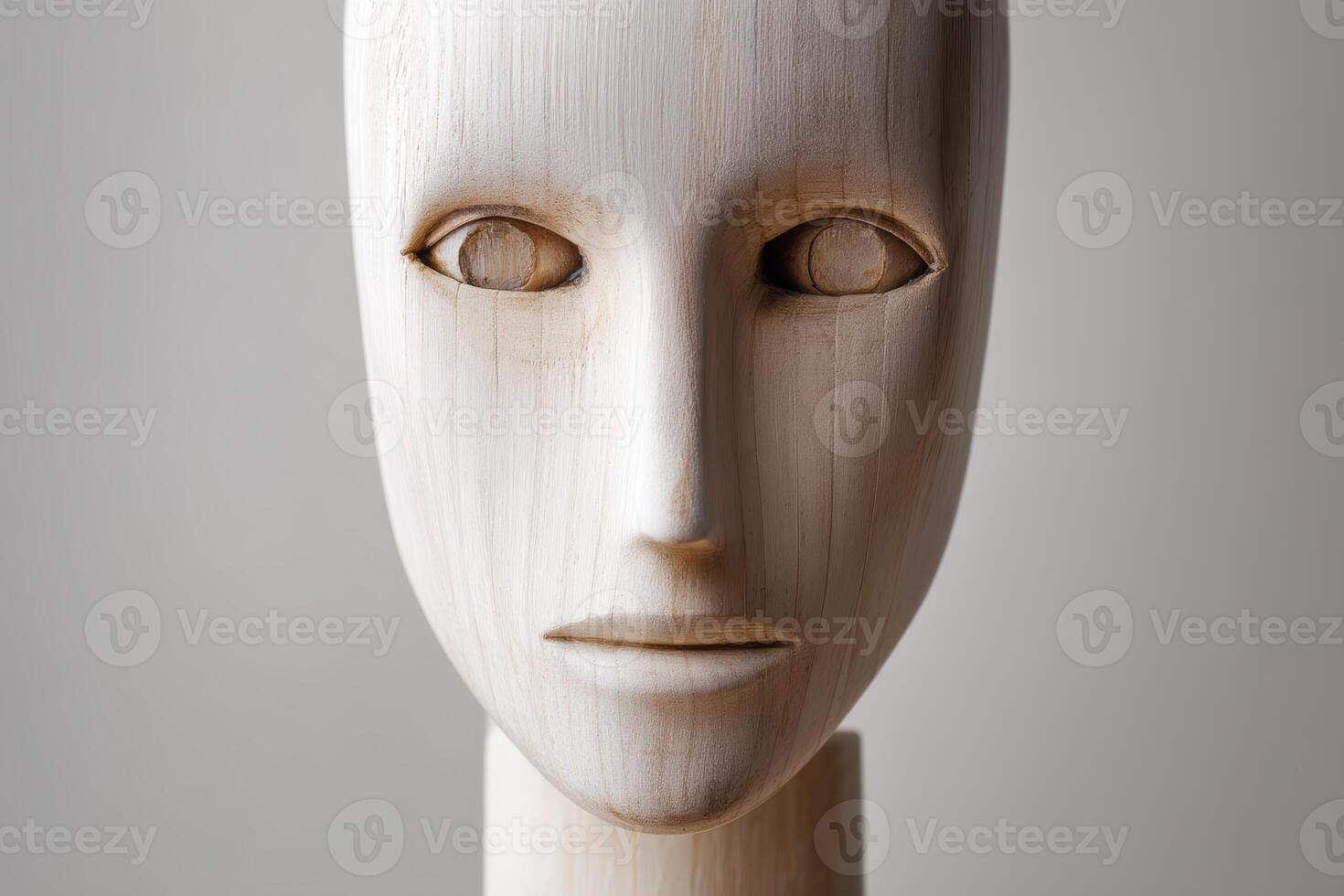 Wooden sculpture of a human face with smooth features, a neutral expression, and hollow eyes. The surface shows natural wood grain and texture, adding an organic and artistic feel photo