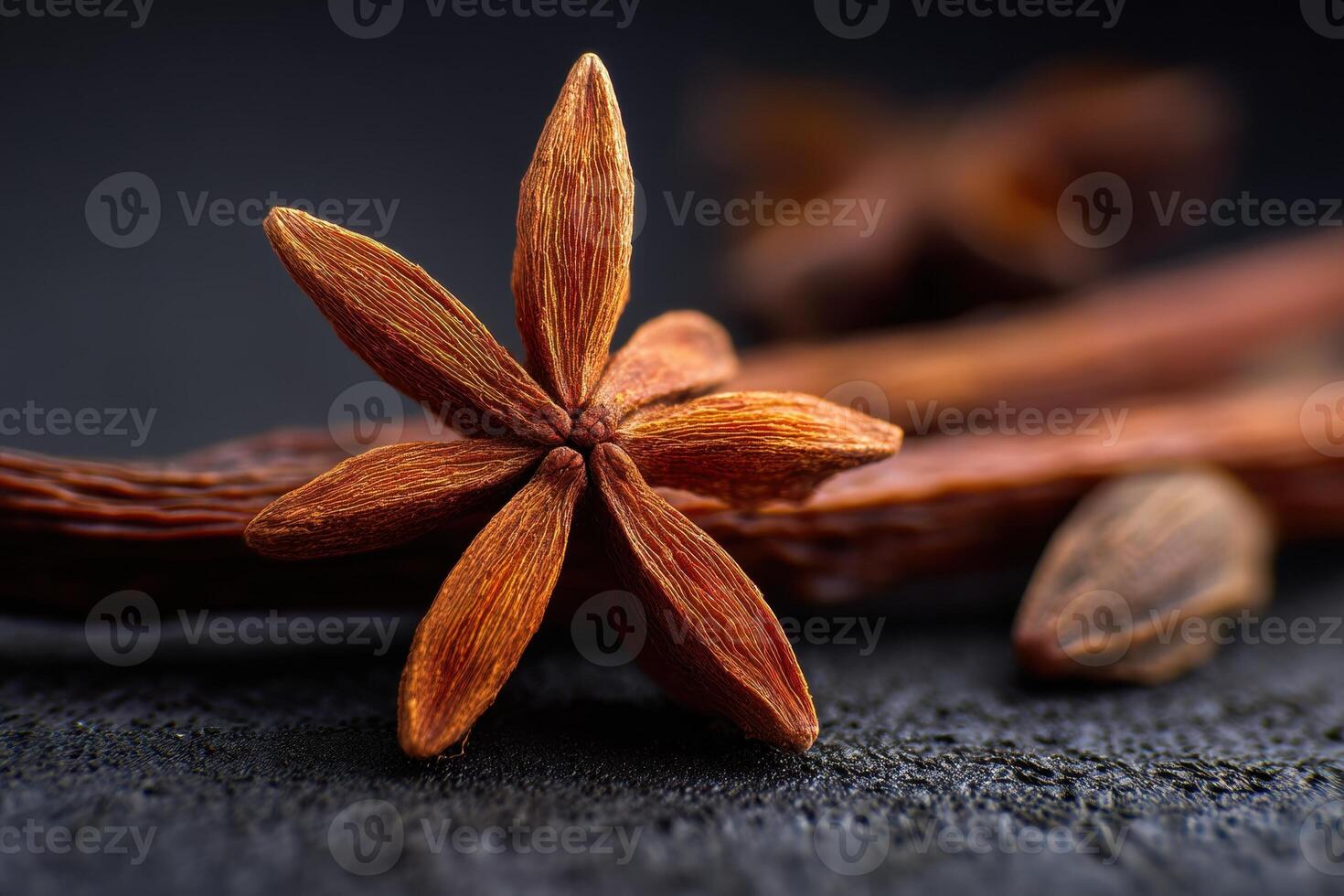 Star-shaped spice with brown, textured pods displayed prominently in focus, featuring six pointed segments. Blurred spices in background, creating a dramatic, vivid composition photo