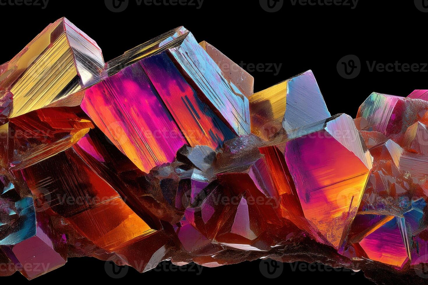 Vibrant, angular crystals with a stunning spectrum of iridescent colors, showcasing deep reds, purples, pinks, and hints of gold, forming a captivating and intricate geometric pattern photo