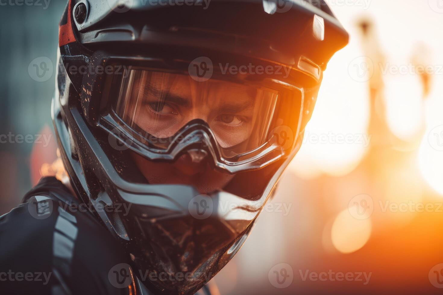 Rider wearing a black helmet with a visor looks intensely to the side. The face is partially visible through the visor. Warm light creates a dramatic effect around the figure photo