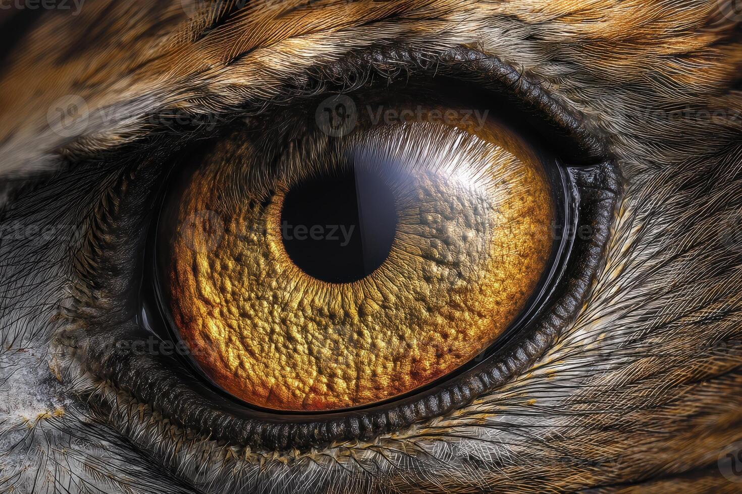 Close-up of an eye with vivid golden and brown tones, intricate textures, and detailed feathers surrounding it. The reflective surface shows a radial pattern and highlights photo