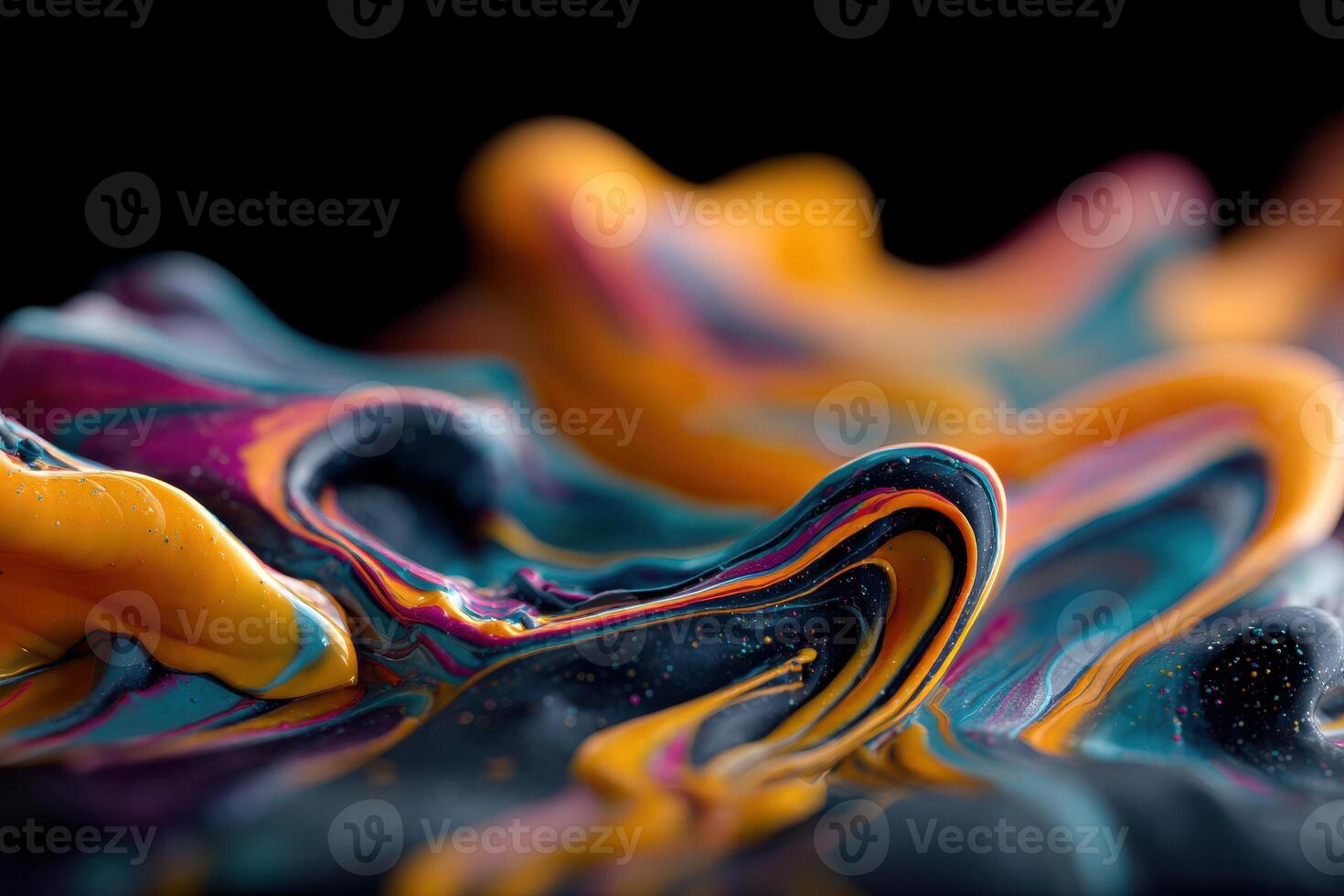 Abstract swirling patterns with vibrant colors of orange, blue, pink, and black, creating a wave-like effect with smooth, flowing textures and intricate details photo