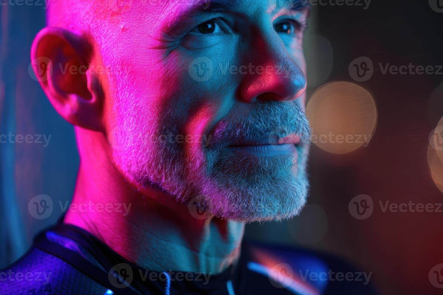 Elderly man with a contemplative look, illuminated by vibrant pink and blue lighting, creating a dramatic, moody atmosphere. The light accentuates facial features, with bokeh in the background photo