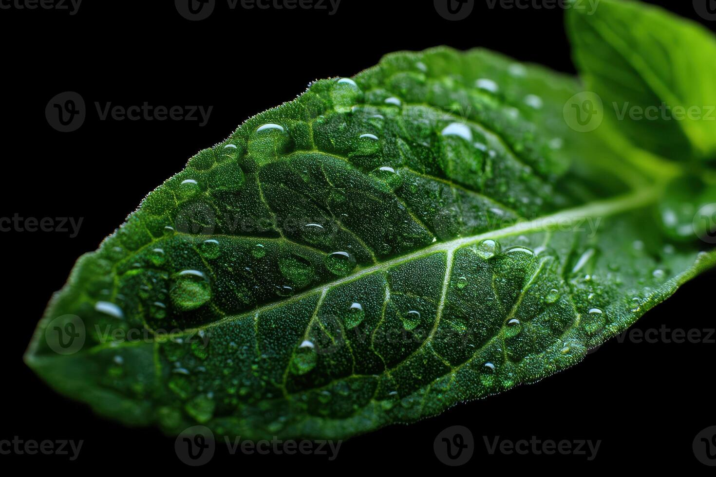 Green leaf with prominent veins covered in fresh water droplets the leaf's vibrant hue and texture stand out sharply with detailed droplets enhancing its natural appearance photo