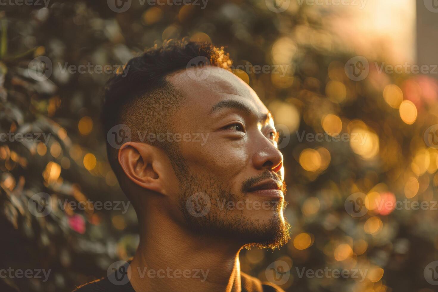 A person with short hair and beard smiles slightly while looking to the right. The warm bokeh effect of the lights creates a soft, serene background. Lighting highlights facial features photo