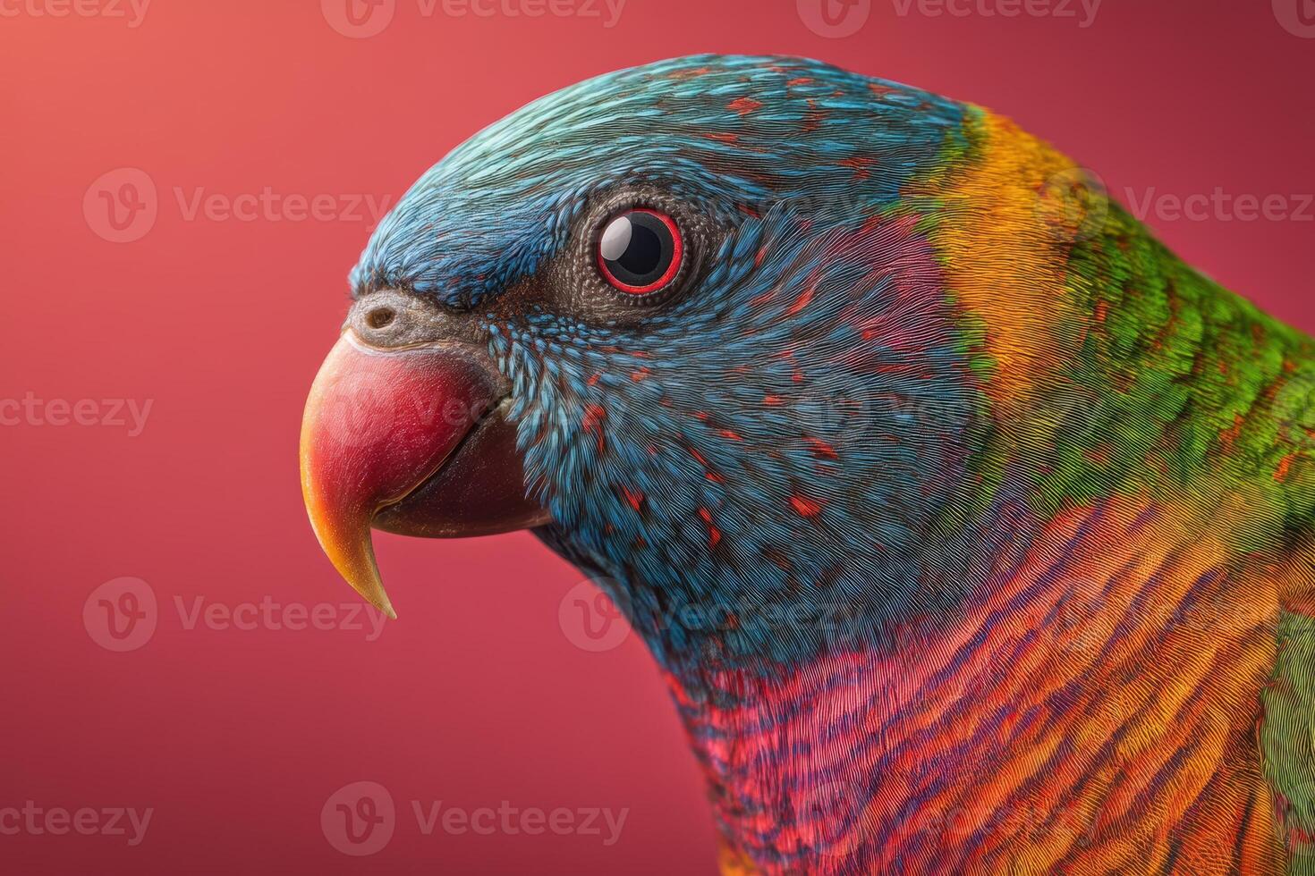 Colorful parrot with vibrant plumage featuring blue, green, and orange hues. The parrot's red eye and yellow-orange beak stand out. It faces left, set against a blurred background photo