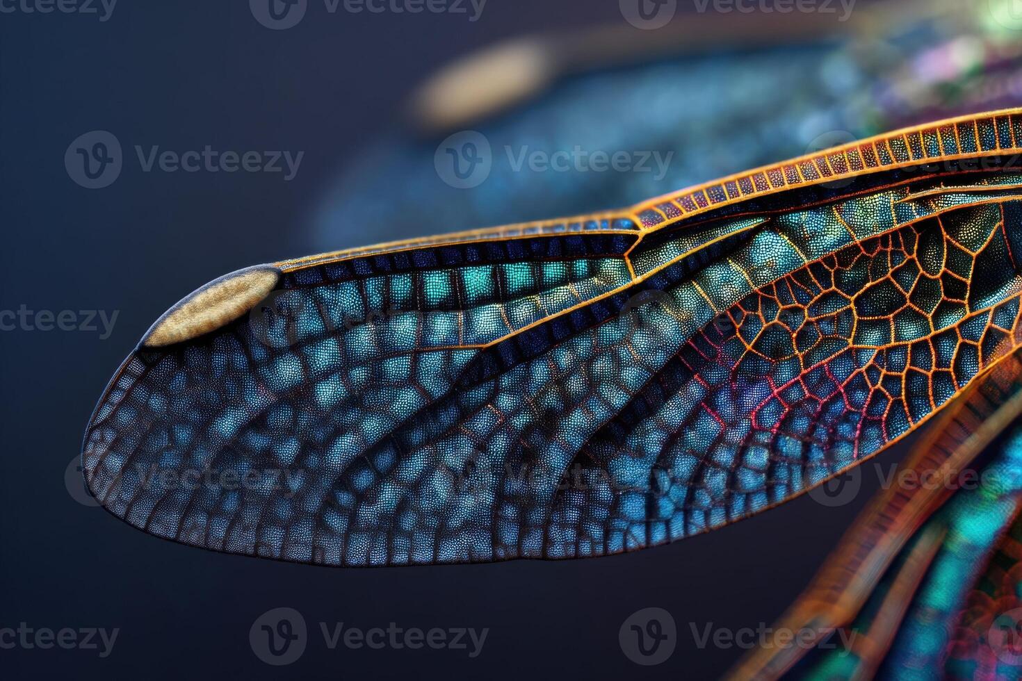Close-up image of vibrant, iridescent insect wing with intricate patterns and textures, featuring shades of blue, green, and orange, revealing delicate venation and structural details photo